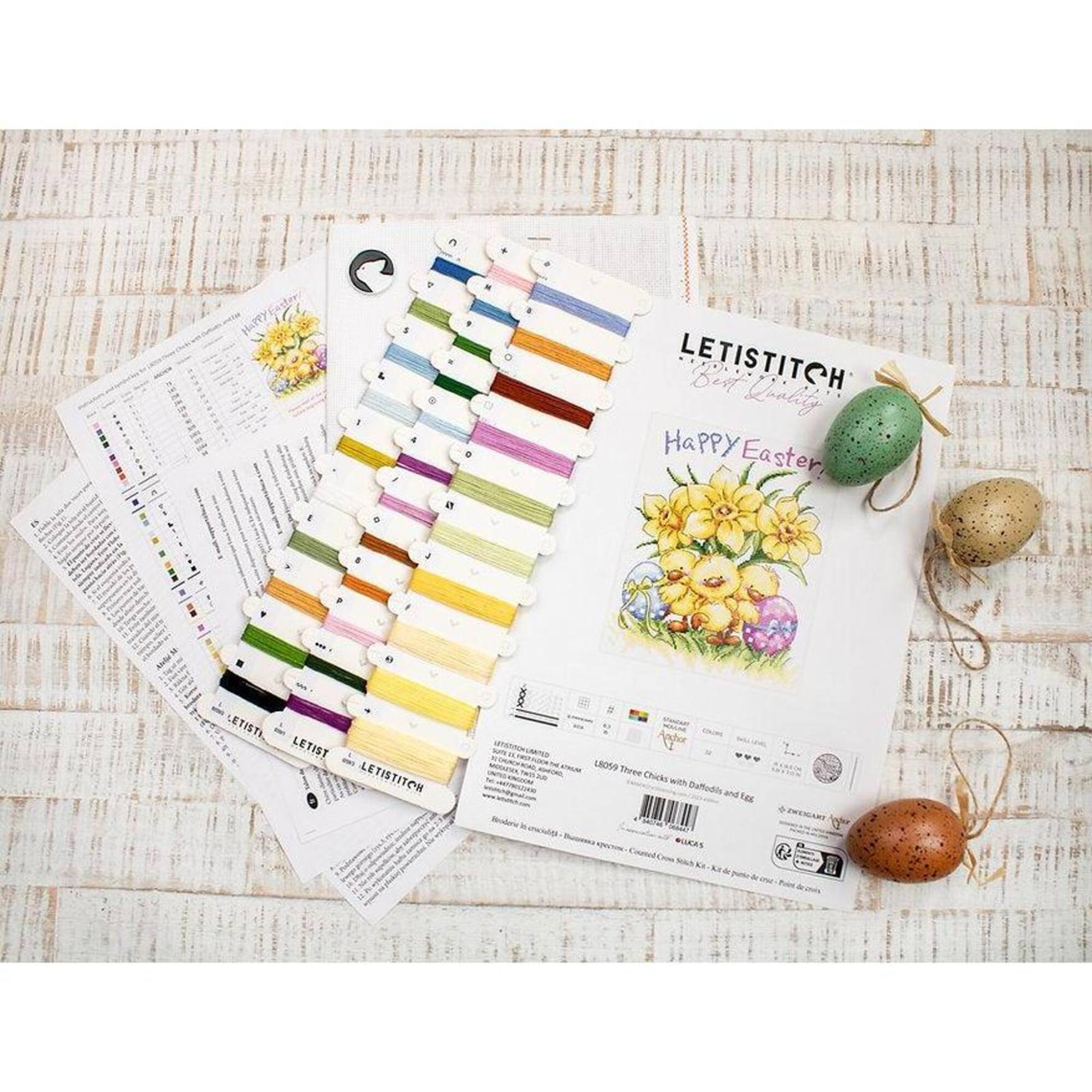 LetiStitch Three Chicks with Daffodils & Egg Counted Cross Stitch Kit